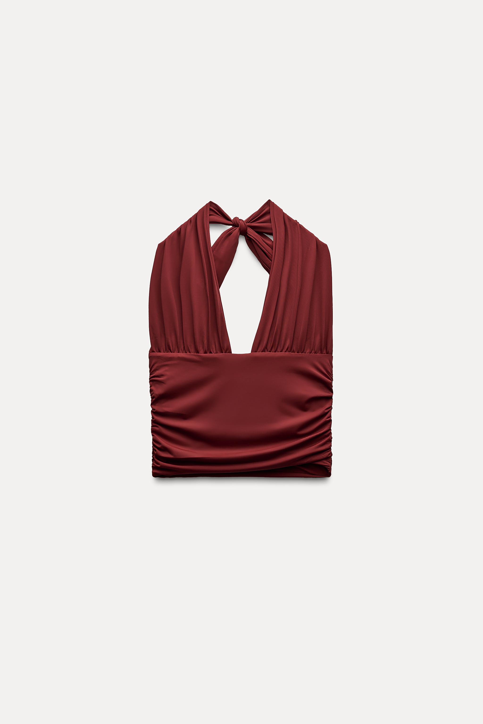 POLYAMIDE BLEND HALTER TOP WITH GATHERED DETAIL - Burgundy