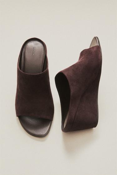 LEATHER HIGH-HEEL WEDGE SANDALS - Коричневий Zara