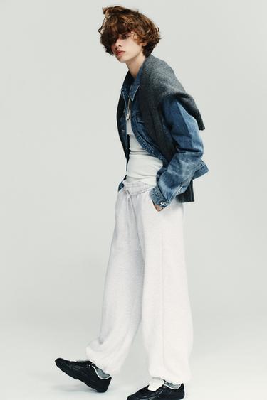 BASIC STRAIGHT-LEG PLUSH TROUSERS WITH ADJUSTABLE HEM - Grey marl by Zara