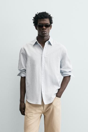 REGULAR FIT HEMP-COTTON SHIRT - Light sky blue by Zara