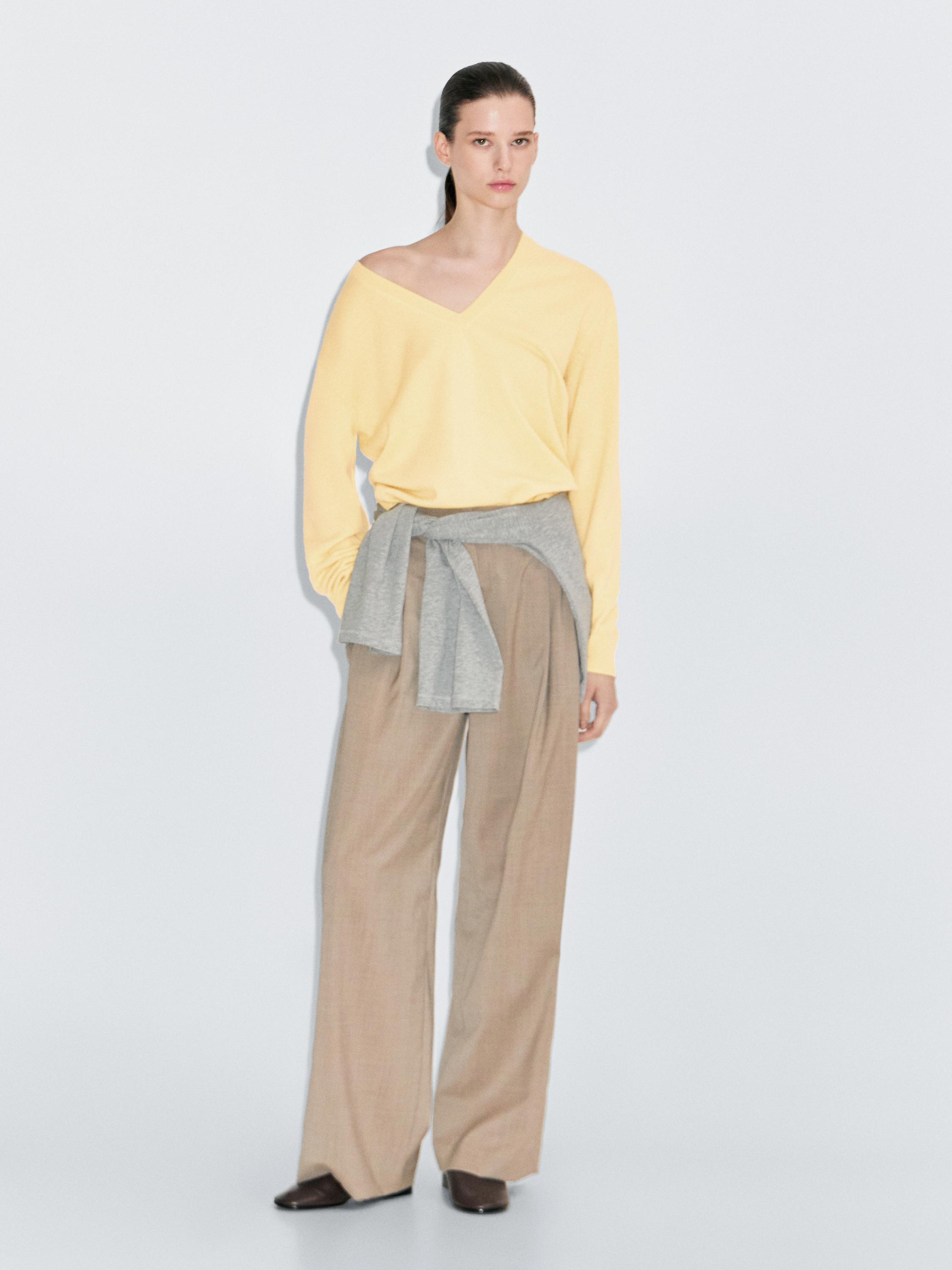 Wool blend deep V-neck knit sweater