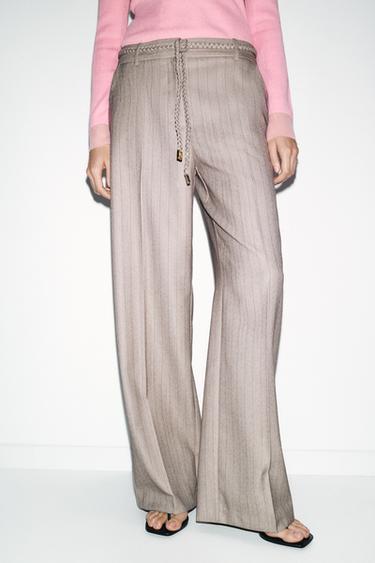 HERRINGBONE TROUSERS WITH BRAIDED BELT - Stone by Zara