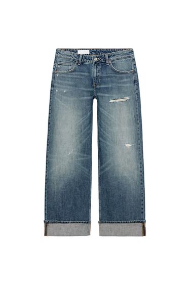 Zara TRF LOOSE LOW-RISE FOLDED HEM JEANS - Blue