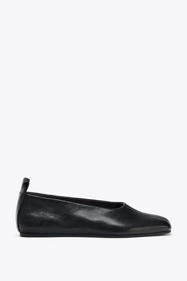 SQUARE TOE LEATHER BALLERINAS - Black by Zara - Image 0