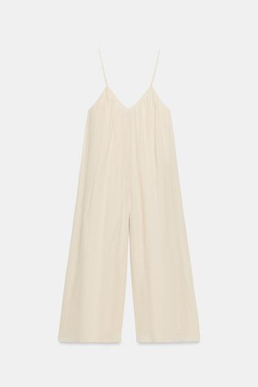 Zara LONG TEXTURED STRAP JUMPSUIT - Stone