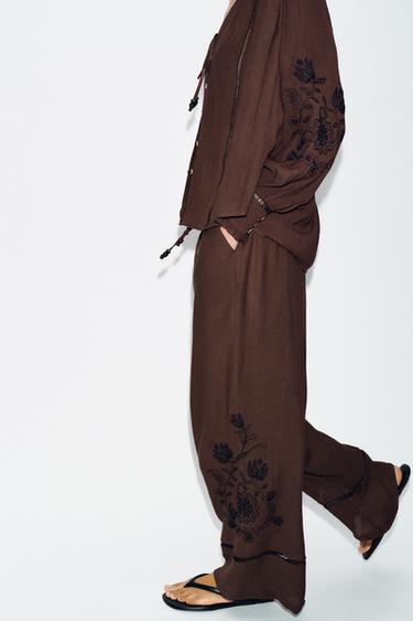 PANTALON LARGE BRODERIES ET ENTRE-DEUX - Marron de Zara - Image 2