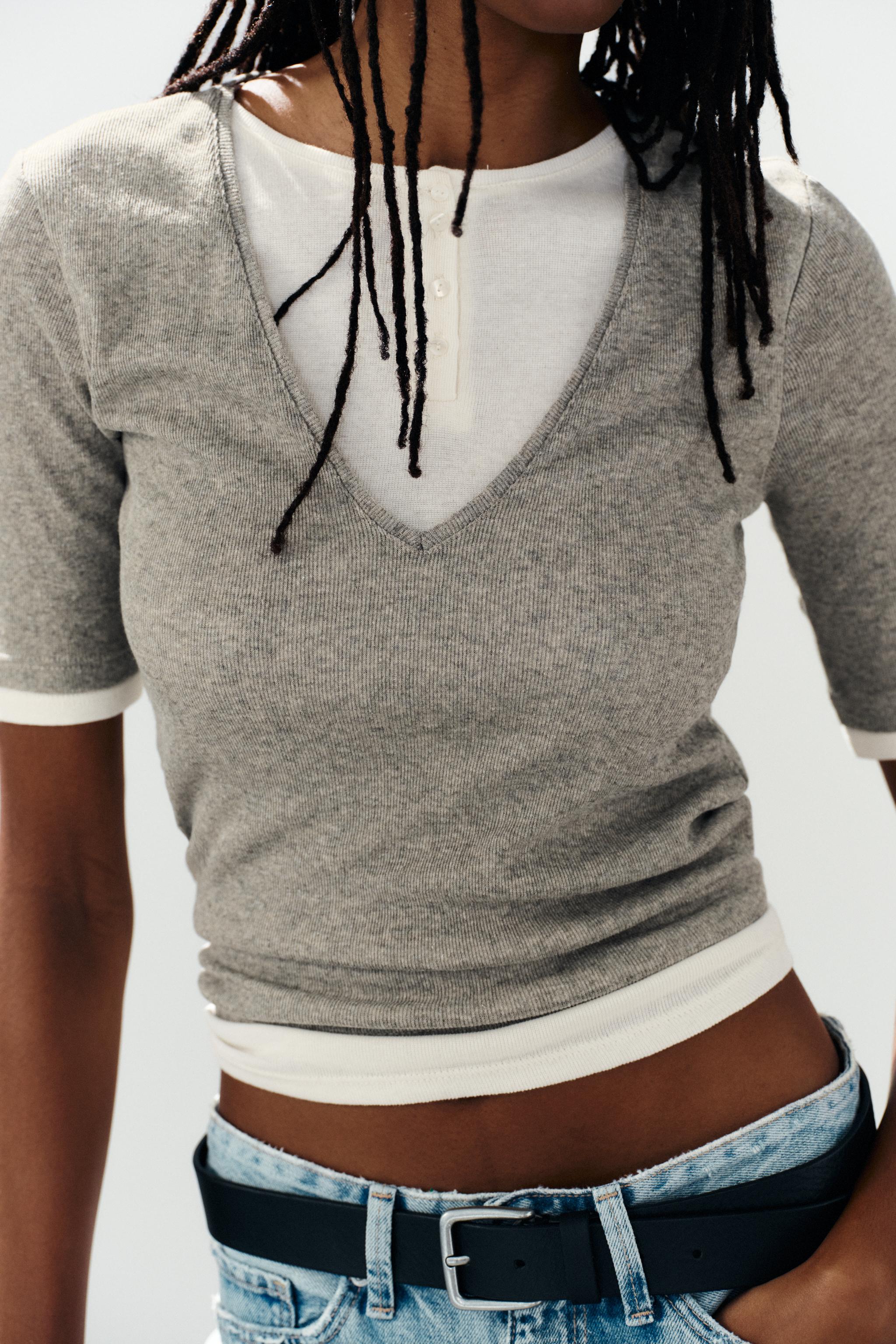 DOUBLE-LAYERED HENLEY TOP — Mink marl