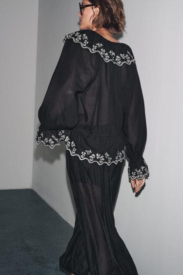 ZW COLLECTION EMBROIDERED RUFFLE BLOUSE - Black by Zara - Image 2