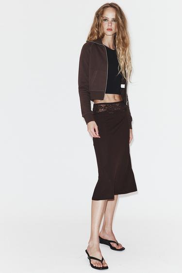 FALDA COMBINADA ENCAJE - Marrón oscuro de Zara