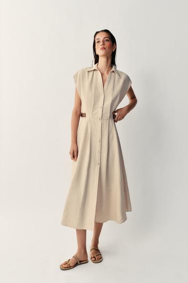 VESTIDO CAMISERO CON LINO - Beige claro de Zara