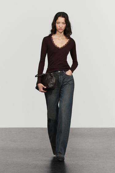 Long sleeve T-shirt with lingerie-inspired detail — Brown 1