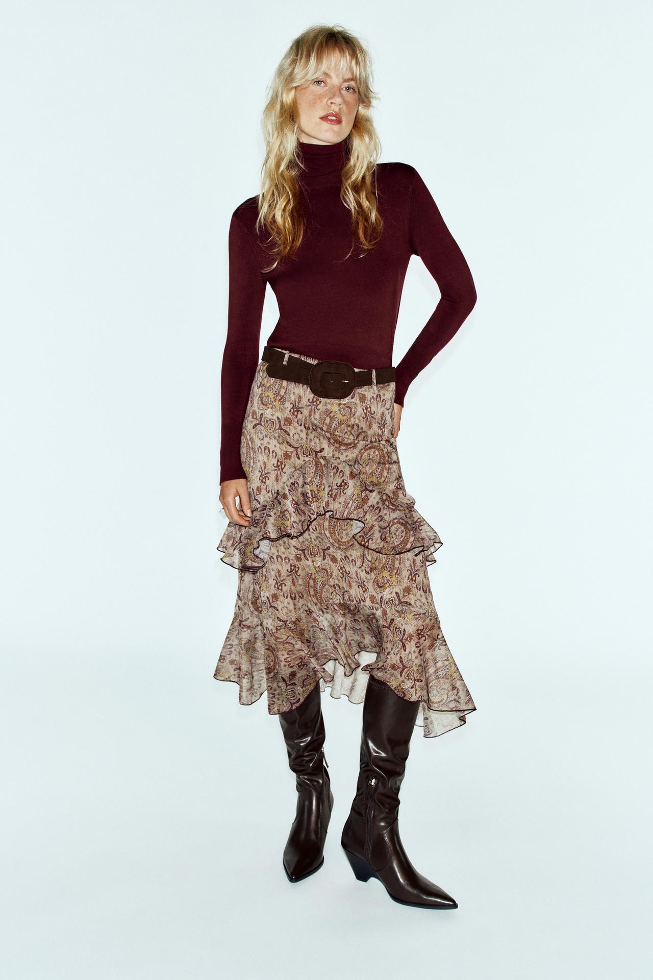 PRINTED RUFFLED BELTED MIDI SKIRT