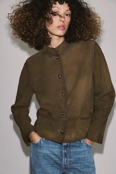 Zara 100% LEATHER ZW COLLECTION LIMITED EDITION JACKET - Olive green