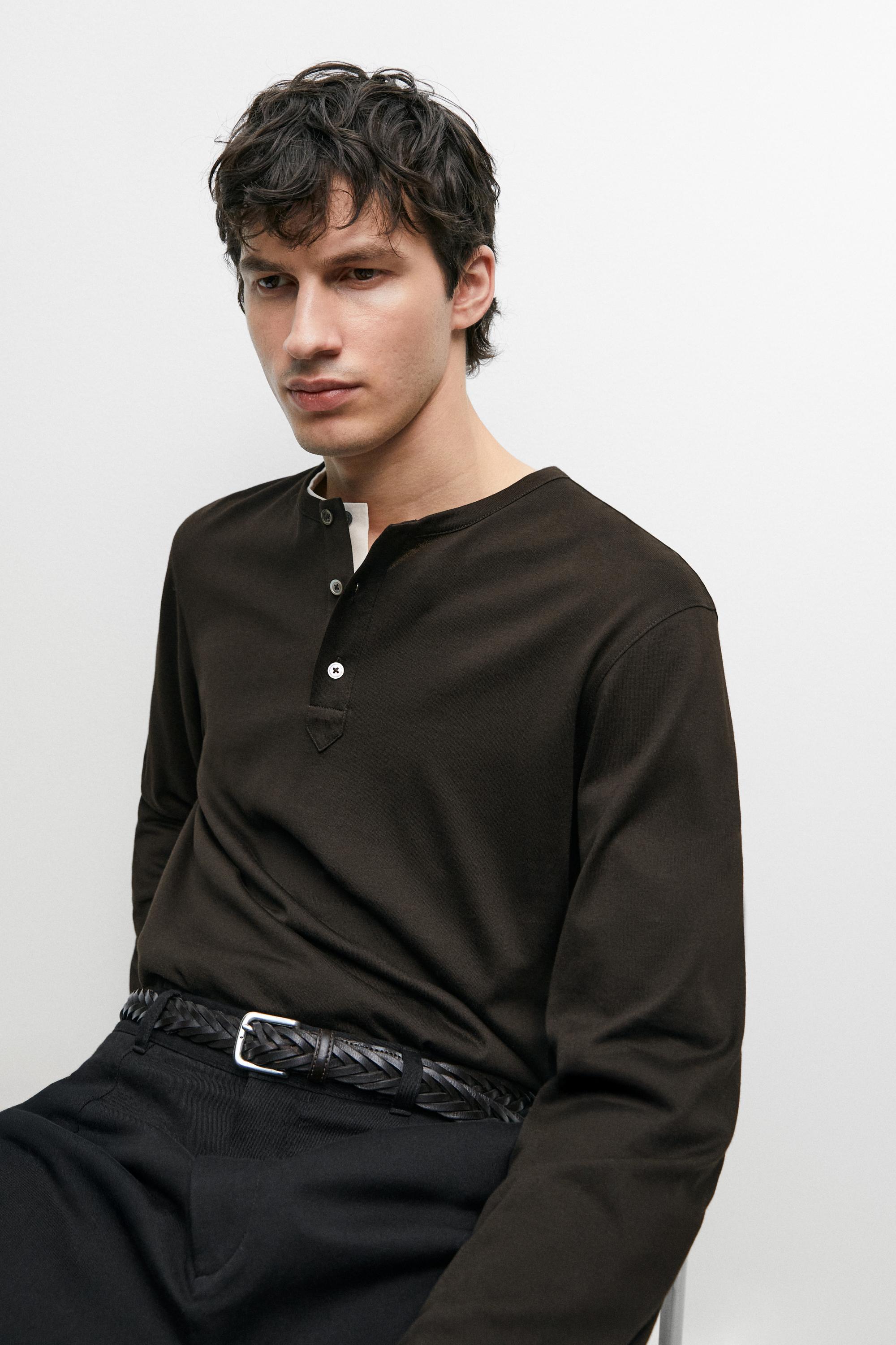 100% cotton long sleeve henley T-shirt