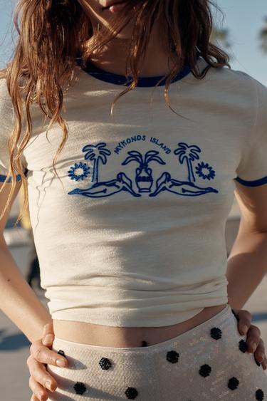 ショートスリーブTシャツ 刺繍入りホワイトZaraのショートスリーブTシャツ 刺繍入り - ホワイト