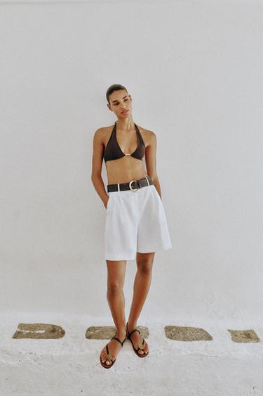 Zara PLEATED BELTED SHORTS - White