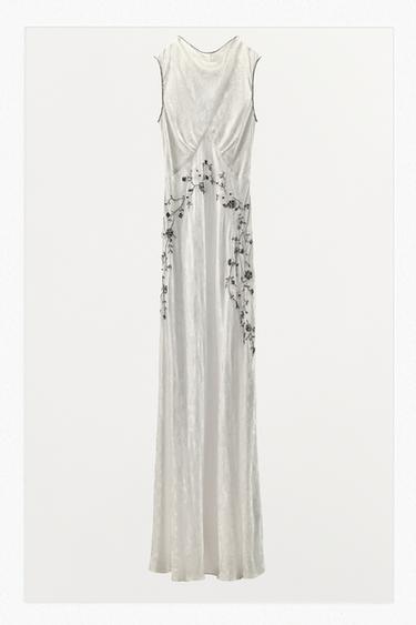 Zaras JACQUARDKLÄNNING MED DEKORPÄRLOR OCH PALJETTER - naturfärg-vit