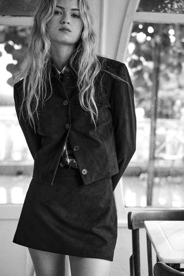 Zara SHORT FAUX SUEDE JACKET - Black