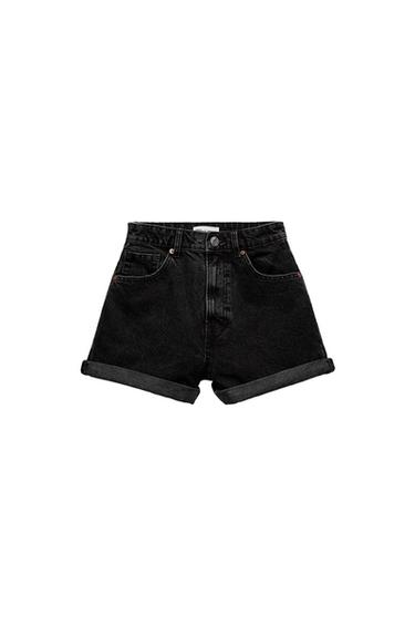 Black denim shorts with rolled hem and front pockets. White background. Label visible at the waist.