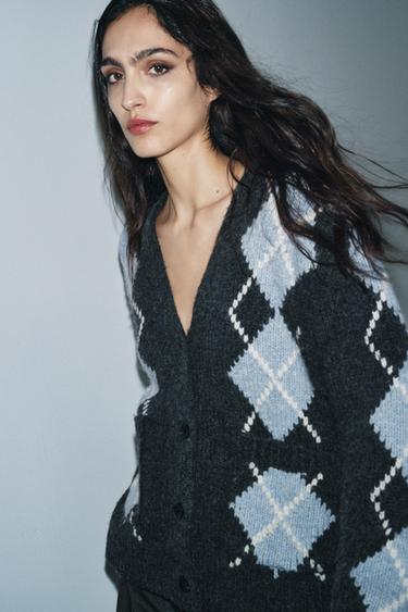 GILET 100 % LAINE À LOSANGES - Gris / Bleu de Zara