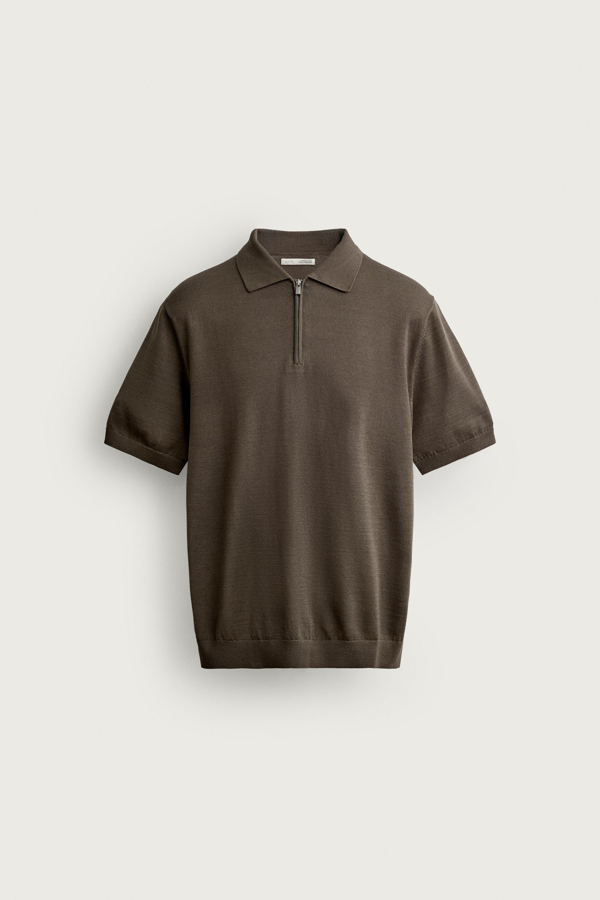 REGULAR FIT KNIT ZIP POLO SHIRT — Taupe gray
