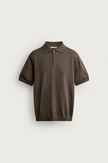 Zara REGULAR FIT KNIT ZIP POLO SHIRT - Taupe gray