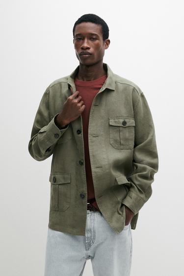 Zara Heavy linen overshirt with pocket details - Dark green
