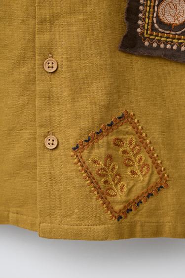 COTTON AND LINEN BOWLING SHIRT WITH PATCHES - Olive green by Zara - Image 3