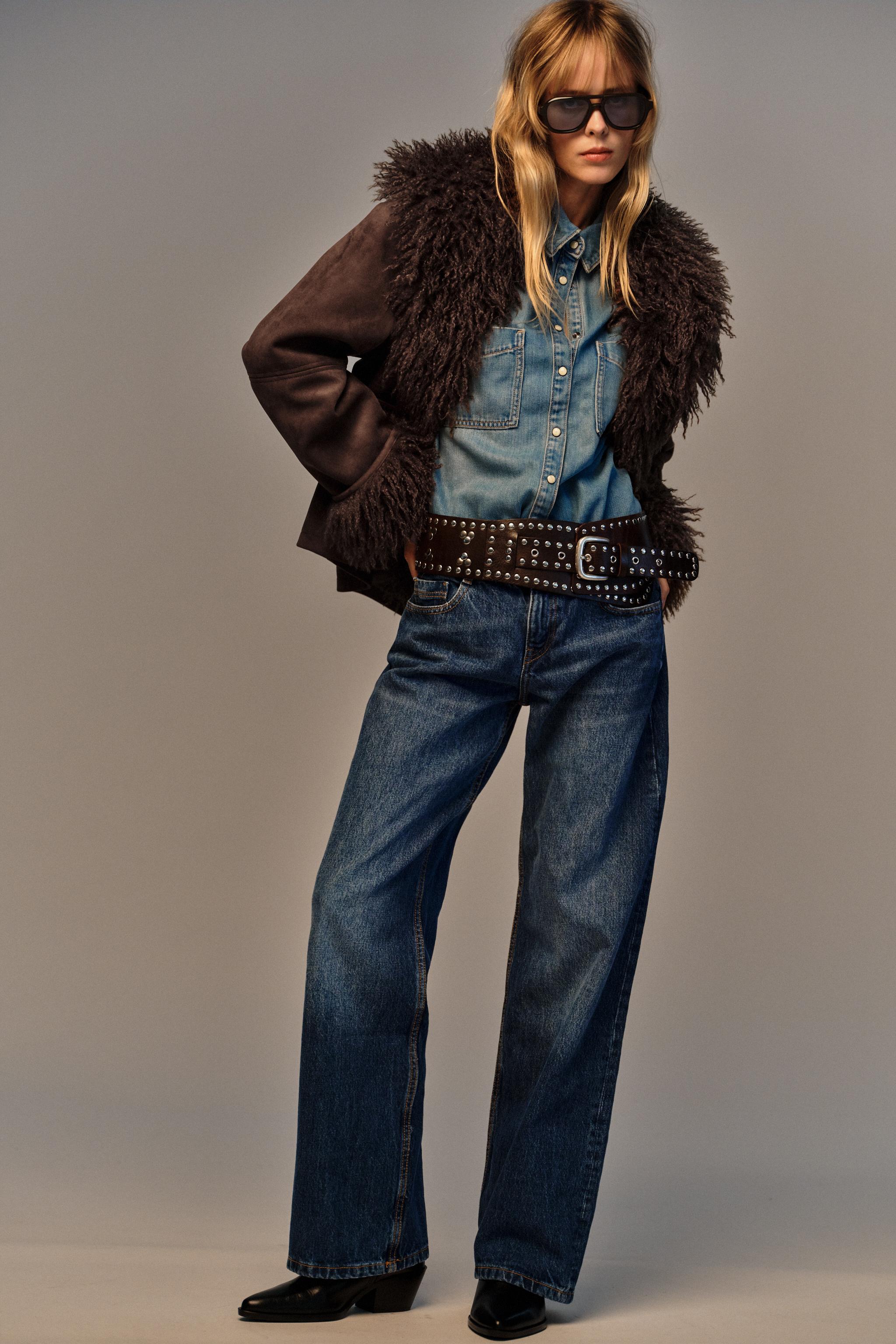 ZARA 羊革+フェイクファー ジャケット フェイクファー ジャケット ZW COLLECTION - ブラック/エクリュ