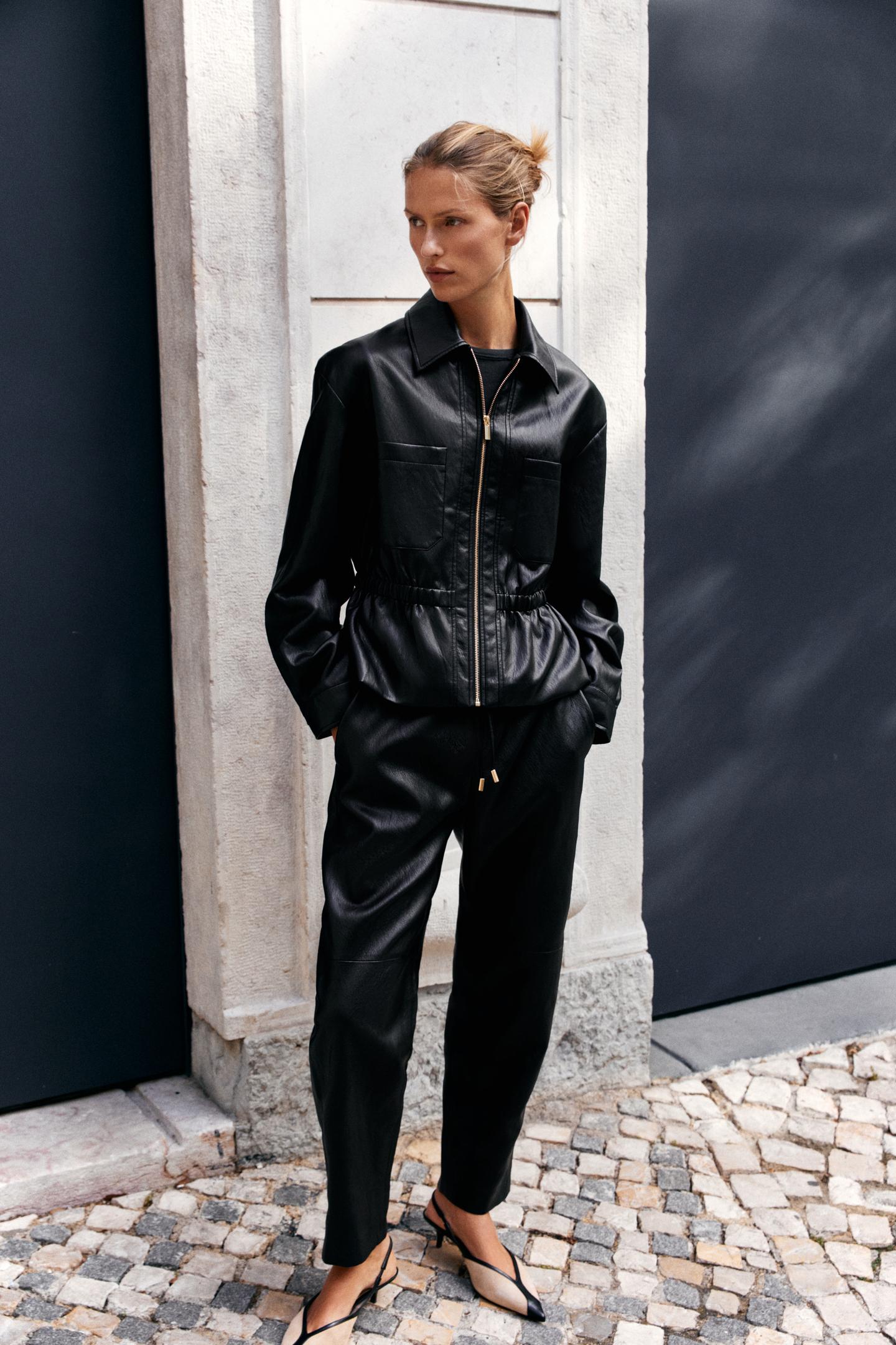 Женская куртка Zara Faux Leather Jacket with Elasticized Waist, цвет: Чёрный