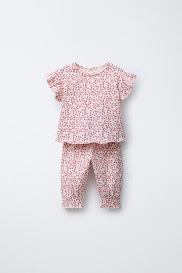 TEXTURED FLORAL T-SHIRT AND TROUSER SET - Light pink by Zara - Image 0