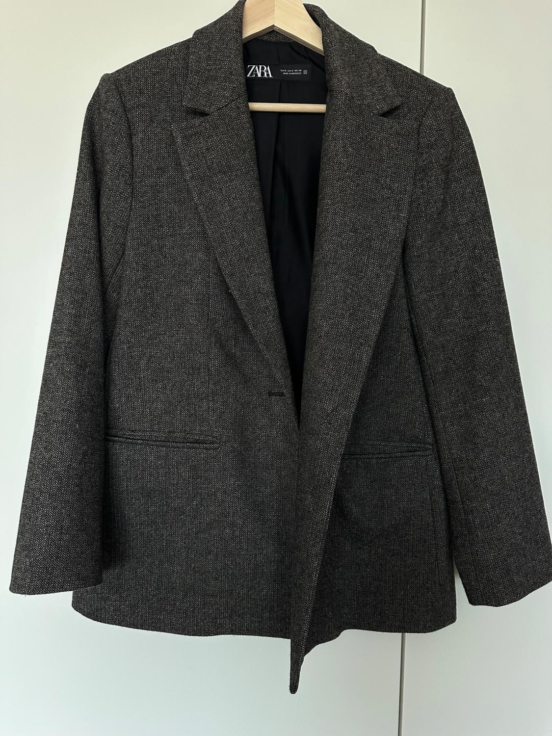HERRINGBONE WOOL BLEND STRAIGHT BLAZER