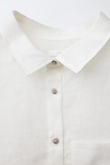 LINEN SHIRT WITH GEM BUTTONS - Oyster-white by Zara - Image 2