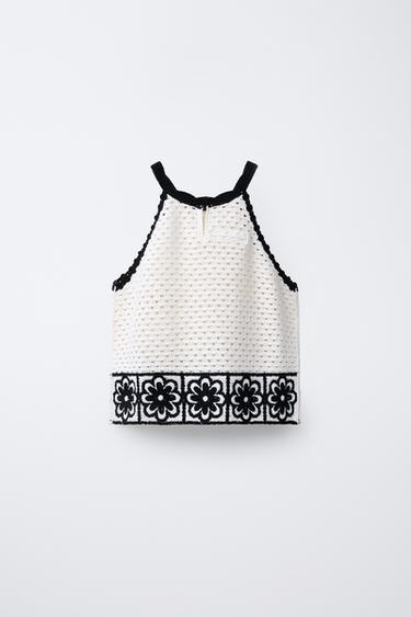FLORAL HALTER NECK CROCHET KNIT TOP - Ecru by Zara - Image 1