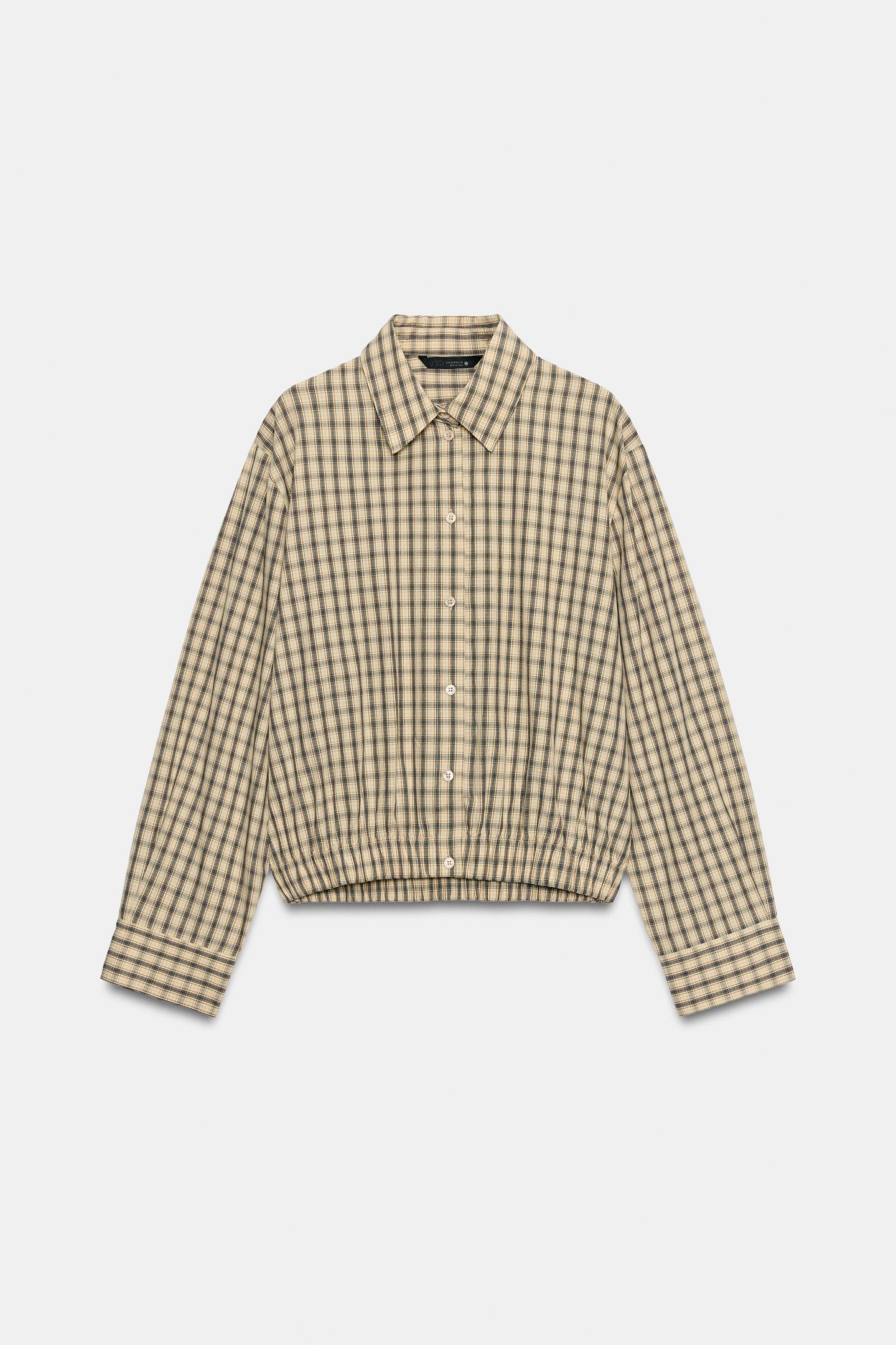 Женская рубашка Zara ZW Collection Puff-Sleeve Check, цвет: Экрю / Чёрный — фото 6