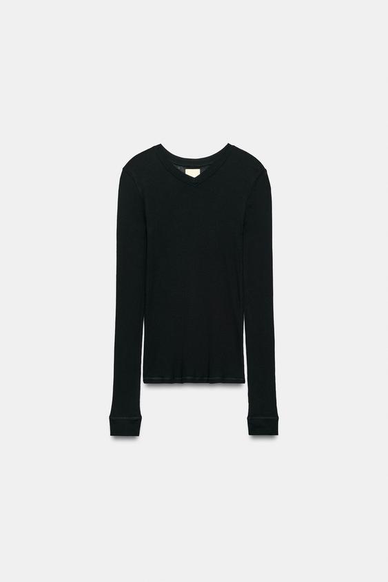 CAMISETA RIB ALGODÓN 100% - Negro de Zara - Imagen 0
