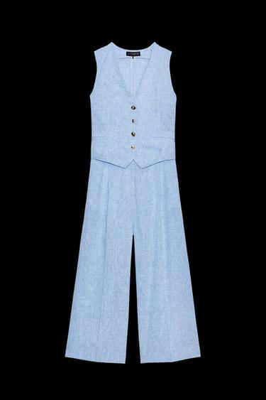 LINEN BLEND WAISTCOAT JUMPSUIT - Light blue by Zara - Image 0