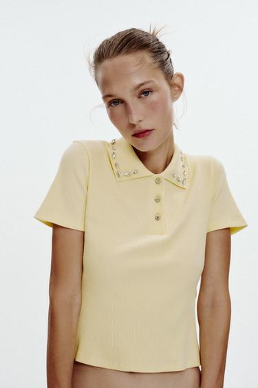 Zara JEWEL COLLAR RIBBED POLO SHIRT - Yellow