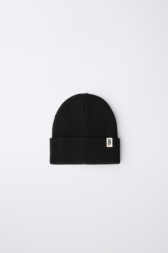 RIBBED KNIT BEANIE WITH LABEL - Black by Zara - Image 0