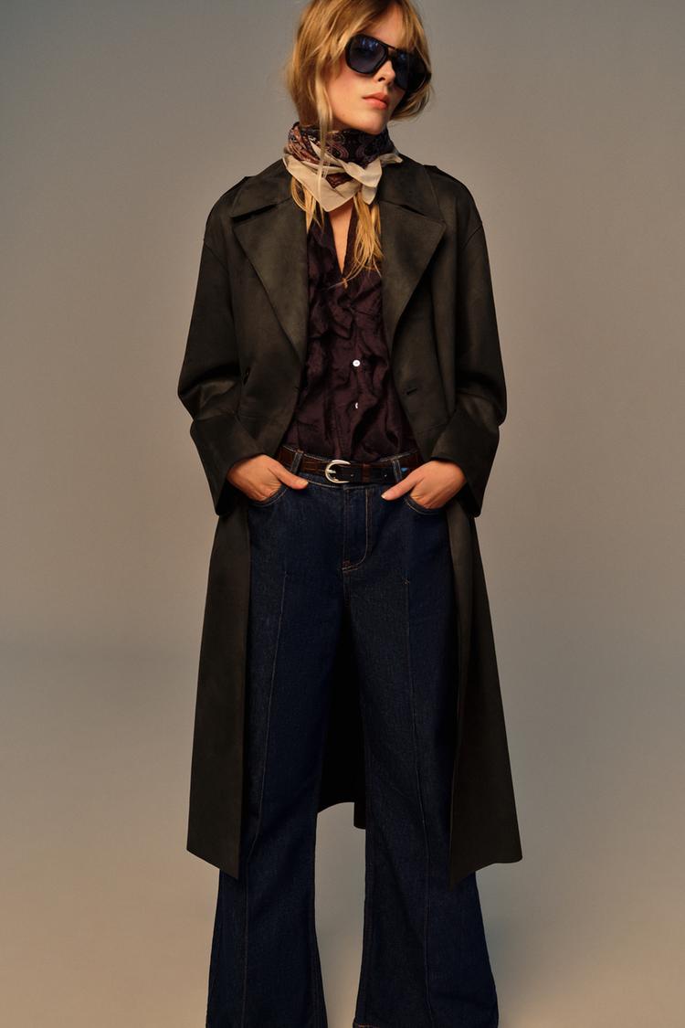 LONG FAUX SUEDE TRENCH COAT Khaki ZARA United Kingdom