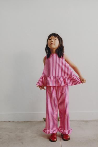 JUPE-CULOTTE À RAYURES, VOLANT ET PIQUET EN CONTRASTE - Fuchsia de Zara