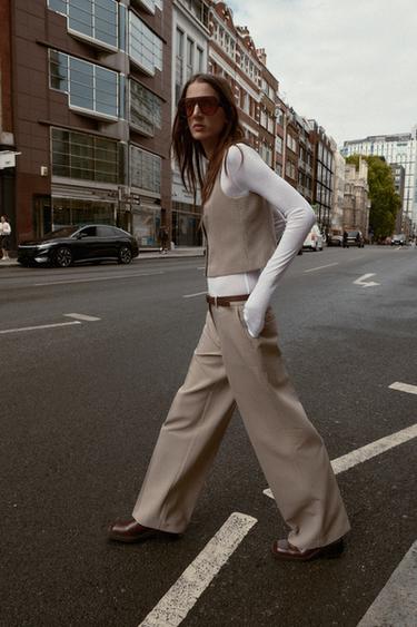 PANTALON À CARREAUX CEINTURE - Beige / Bleu marine de Zara - Image 3