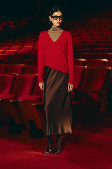 Zara 100% 超柔軟羊毛 V 領針織衫 - 紅色