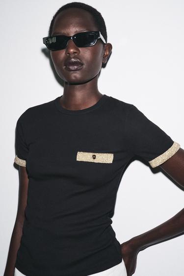 Zaras T-SHIRT MED METALLTRÅD - Svart
