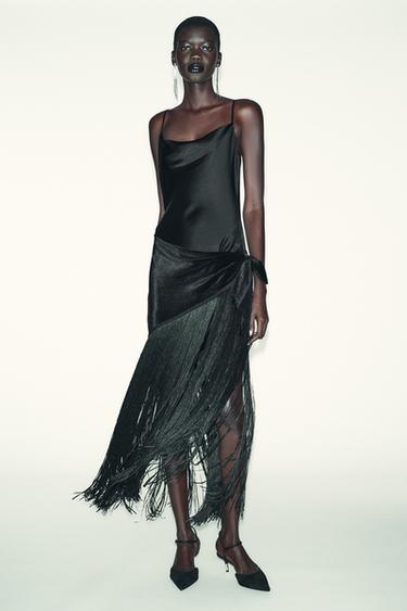 ROBE LONGUE BIMATIÈRE À FRANGES - Noir de Zara