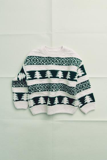 Zara TREE PRINT KNIT SWEATER - Ecru / Green