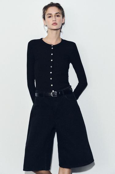 BUTTONED RIBBED T-SHIRT - Black by Zara - Image 1