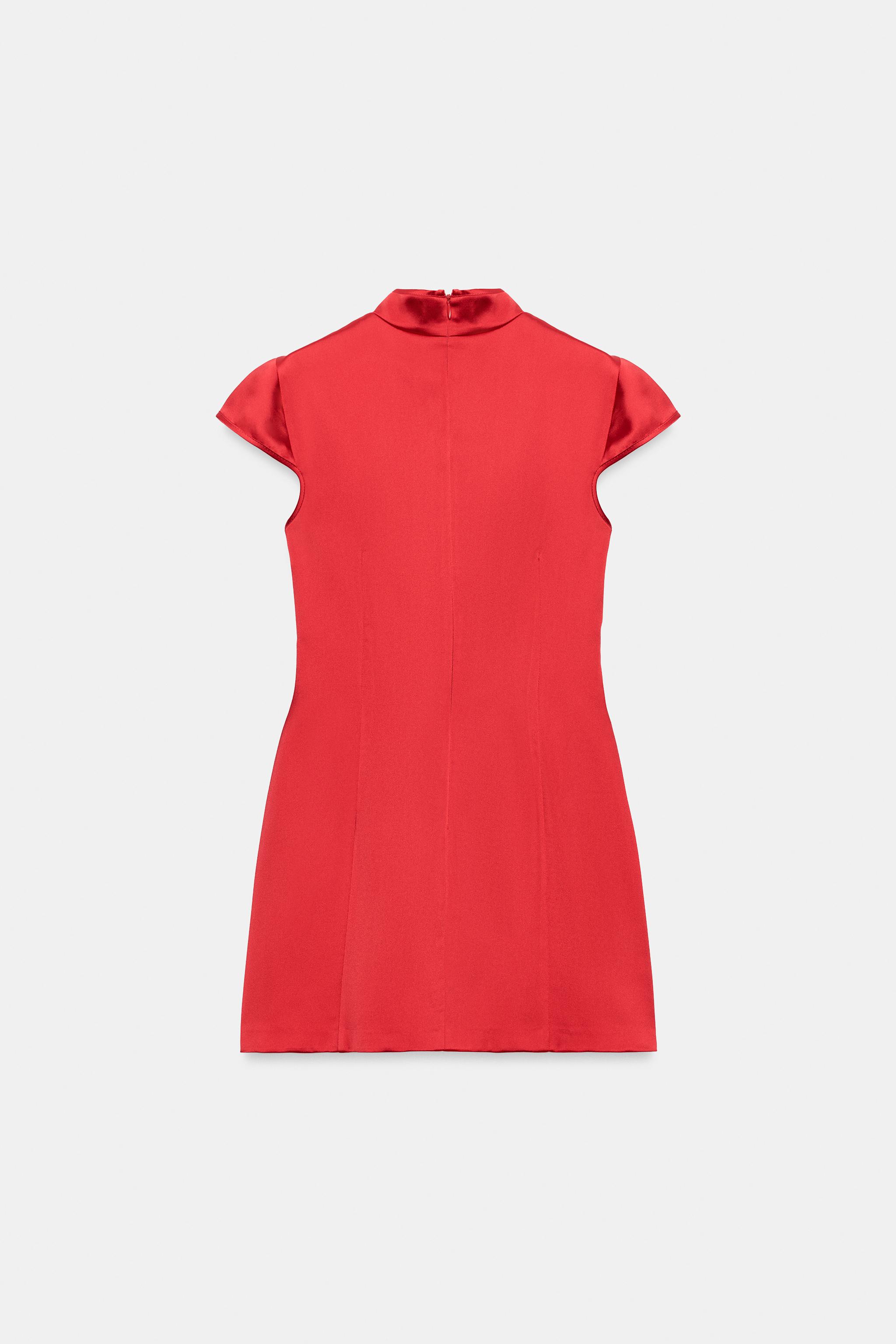 SATIN EFFECT MINI DRESS WITH SLIT — Red