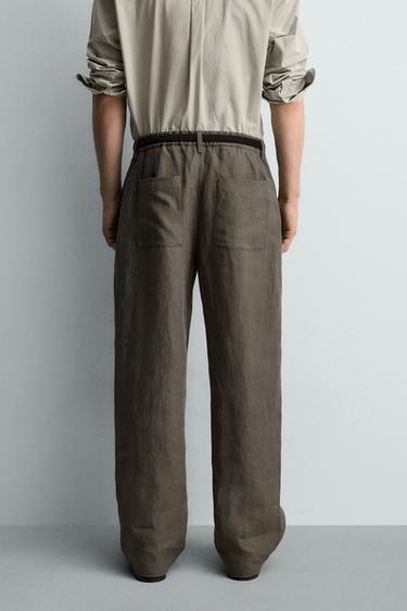 100% LINEN STRAIGHT-LEG TROUSERS - Grey green by Zara - Image 2