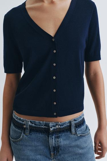 100% EXTRA FINE WOOL SHORT SLEEVE CARDIGAN - Navy blue by Zara - Image 2
